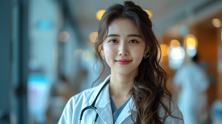 Portrait of an attractive Asian woman doctor standing in the hallway with a stethoscope.の素材