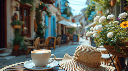 Milk coffee on the wooden tray. Coffee break. Relaxing atmosphere. Eco life. Summer style. Hotel room service. Exotic countries.の素材