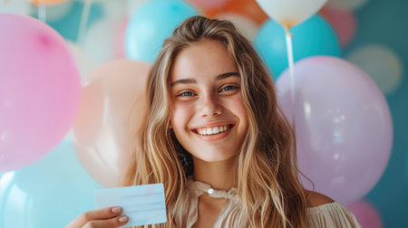 Portrait of a beautiful young woman standing against the background of balloons, holding credit card.の素材
