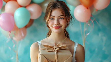 Photo portrait young Asian woman holding xmas gift. copy space, on a bright colorful balloons background.の素材