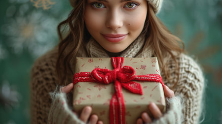 Photo portrait young woman keeping xmas gift. copy space, on a bright colorful christmas green background.の素材
