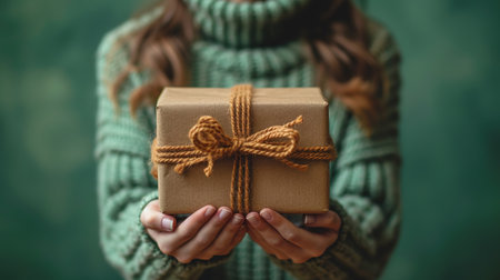 Photo portrait young woman keeping xmas gift. copy space, on a bright colorful christmas green background.の素材
