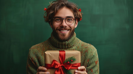 A young happy, cheerfully smiling man of 20 years old in a green sweater holds in his hands a gift wrapped in kraft paper with a red ribbon for new year, Christmas or birthday on a dark green background. People lifestyle conceptの素材
