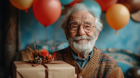 Studio shot of happy senior bearded man smiling while holding gift box with eyeglasses against blue background. A cute and happy grandfather with a gift from his grandchildren on the background of balloons. Congratulations for grandpa on his birthday, anniversary, Christmas or New Year.の素材