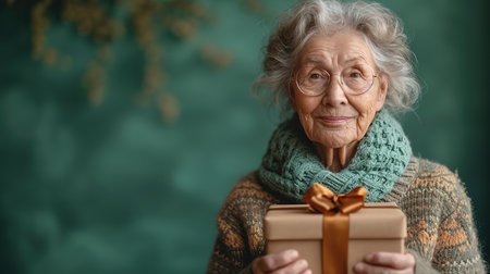 Attractive mature aged aged woman holding presents gift box feels happy studio isolated over blue background. Life events celebration congratulation love care concept.の素材