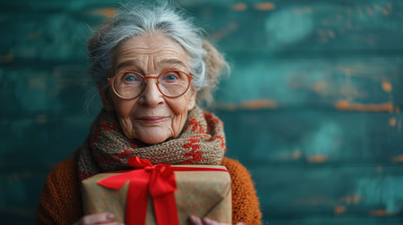 Attractive mature aged aged woman holding presents gift box feels happy studio isolated over blue background. Life events celebration congratulation love care concept.の素材
