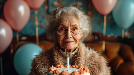 Good looking wrinkled senior woman celebrates birthday with birthday cake and bunch of balloons isolated over blue background. an elderly woman with a cake in her hands on her birthday against a background of colorful balloons.の素材
