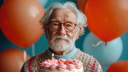 Portrait of smiling senior man preparing to enjoy a piece of chocolate cake. an elderly man blows out a candle on a birthday cake on his birthday against a background of colorful balloons.の素材
