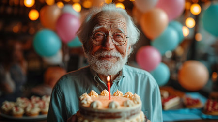 Portrait of smiling senior man preparing to enjoy a piece of chocolate cake. an elderly man blows out a candle on a birthday cake on his birthday against a background of colorful balloons.の素材