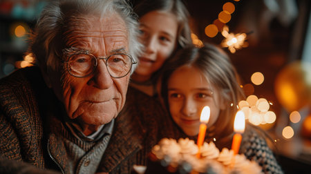 Portrait of a grandfather next to his grandchildren on a holiday. Happy big caucasian family wearing party hats celebrating grandfathers birthday indoors, happy elderly man grandpa holding cake with lit candles, receiving congratulationg during celebration at homeの素材