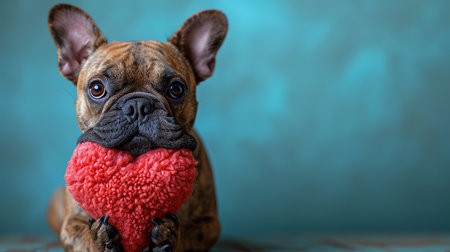 Cute lover Valentine French bulldog puppy dog lying with a red heart, isolated on blue background. With copy spaceの素材