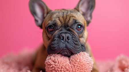 Cute lover Valentine French bulldog puppy dog lying with a red heart, isolated on pink background. With copy spaceの素材