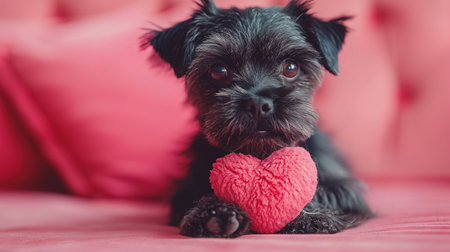 Cute lover Valentine puppy dog lying with a red heart, isolated on blue background. With copy spaceの素材