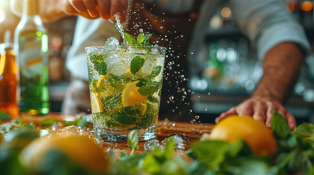 The bartender prepares a mojito cocktail at the bar. The concept of rest and weekends.の素材