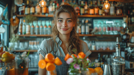 A beautiful bartender girl serves different cocktails at the bar. The concept of rest and weekends.の素材