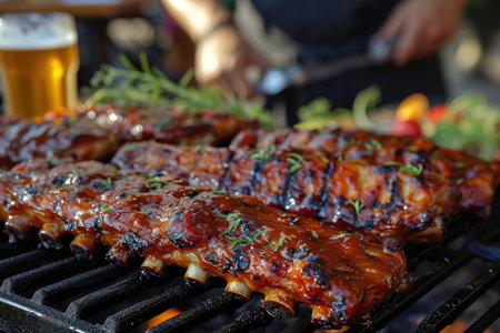 Closeup of pork ribs grilled with BBQ sauce and caramelized in honey. Tasty snack to beer on a wooden Board for filing on dark concrete backgroundの素材