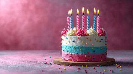 Celebration birthday cake with colorful sprinkles and twenty one colorful birthday candlesの素材