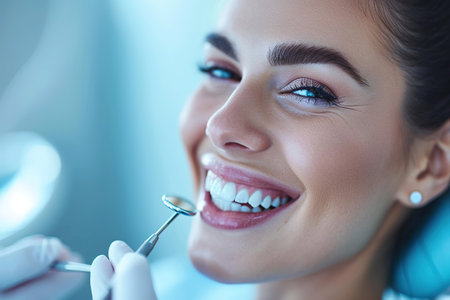 Doing professionally. Smiling pretty woman is having her teeth examined by dentist in clinic.の素材