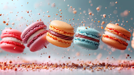 Sweet macaroons macarons with crumbs falling flying isolated on white background. French cookies with vanilla, raspberry and strawberry. Pastry shop cardの素材