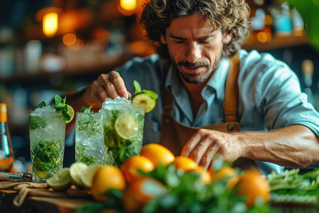A handsome male bartender serves various cocktails at the bar. The concept of rest and weekends.の素材