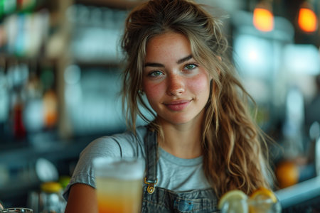A beautiful bartender girl serves different cocktails at the bar. The concept of rest and weekends.の素材