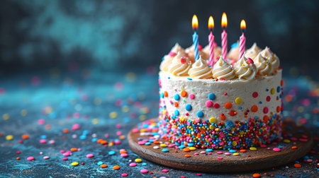 Celebration birthday cake with colorful sprinkles and twenty one colorful birthday candlesの素材