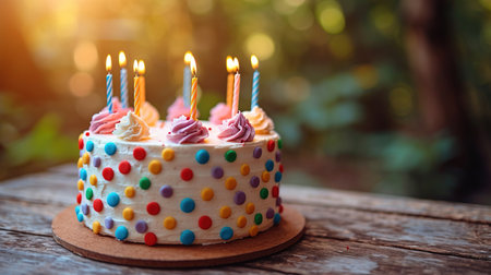 Celebration birthday cake with colorful sprinkles and twenty one colorful birthday candlesの素材