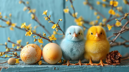 Blue, yellow, white eggs in the nest and yellow chicks on a blue wooden background. The minimal concept. An Easter card with a copy of the place for the text.の素材