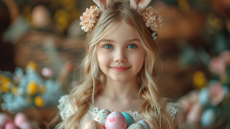 Cute little child wearing bunny ears on Easter day. Girl holding basket with painted eggs.の素材