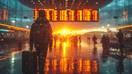 Theme travel public transport. young woman standing with back behind with backpack and camping equipment for sleeping, insulating mat looks schedule on scoreboard airport stationの素材