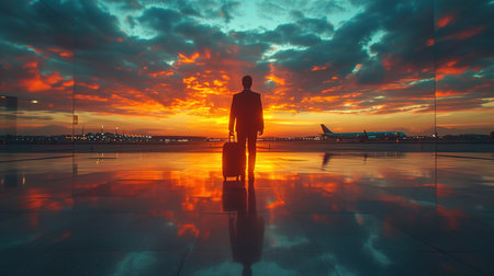 Unrecognizable Man With Bag And Suitcase Walking In Airport Terminal, Rear View Of Young Male On His Way To Flight Boarding Gate, Ready For Business Travel Or Vacation Journey, Copy Spaceの素材