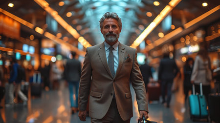 Man With Bag And Suitcase Walking In Airport Terminal, Of Young Male On His Way To Flight Boarding Gate, Ready For Business Travel Or Vacation Journey, Copy Spaceの素材