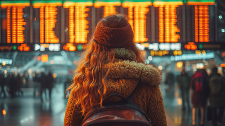 Theme travel public transport. young woman standing with back behind with backpack and camping equipment for sleeping, insulating mat looks schedule on scoreboard airport stationの素材
