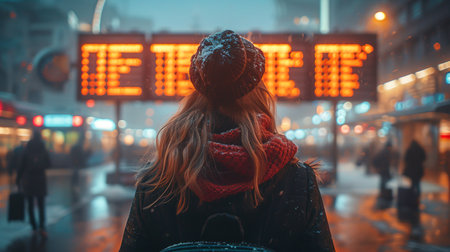Theme travel public transport. young woman standing with back behind with backpack and camping equipment for sleeping, insulating mat looks schedule on scoreboard airport stationの素材