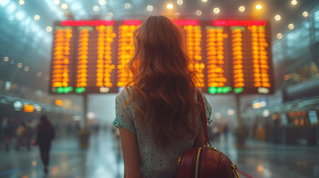 Theme travel public transport. young woman standing with back behind with backpack and camping equipment for sleeping, insulating mat looks schedule on scoreboard airport stationの素材