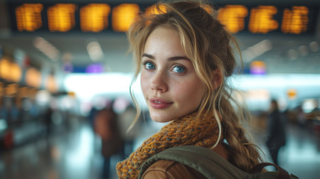 Theme travel public transport. young woman standing with back behind with backpack and camping equipment for sleeping, insulating mat looks schedule on scoreboard airport stationの素材