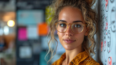 Young american executive manager businesswoman writing strategy ideas on sticky notes on whiteboard doing business project presentation in contemporary corporate officeの素材