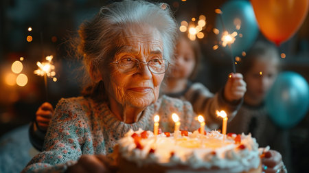 Grandma and grandchildren are sitting in front of a birthday cake and preparing to blow out the candles. Congratulations to your beloved grandmotherの素材
