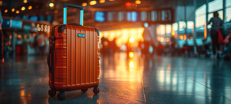 Traveler suitcase at the airport before departure. Travel, vacation, tourism, flights concept. Selected focusの素材