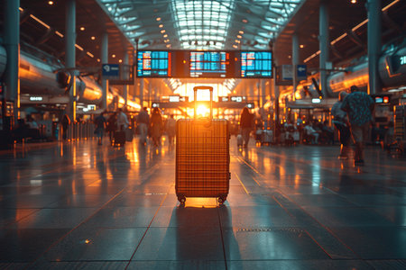 Traveler suitcase at the airport before departure. Travel, vacation, tourism, flights concept. Selected focusの素材