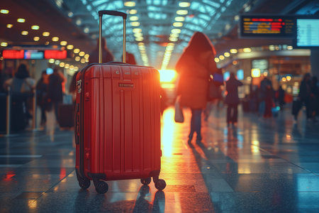 Traveler suitcase at the airport before departure. Travel, vacation, tourism, flights concept. Selected focusの素材