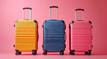 Stylish suitcases on pink background. Space for text. the concept of travel.の素材