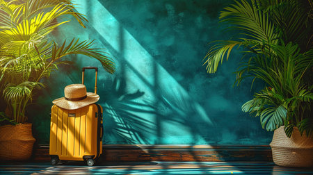 Stylish suitcases on color background. Space for text. the concept of travel.の素材