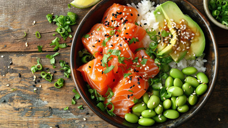 Close-up Hawaiian salmon fish poke bowl with rice, radish, cucumber, edamame, sesame seeds and seaweeds. Buddha bowl. Diet foodの素材