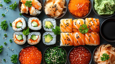 Assorted sushi nigiri and maki big set on slate. A variety of Japanese sushi with tuna, crab, salmon, eel and rolls. Top viewの素材