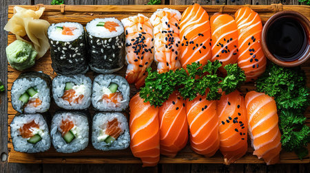 Assorted sushi nigiri and maki big set on slate. A variety of Japanese sushi with tuna, crab, salmon, eel and rolls. Top viewの素材