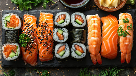 Assorted sushi nigiri and maki big set on slate. A variety of Japanese sushi with tuna, crab, salmon, eel and rolls. Top viewの素材