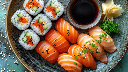 Assorted sushi nigiri and maki big set on slate. A variety of Japanese sushi with tuna, crab, salmon, eel and rolls. Top viewの素材