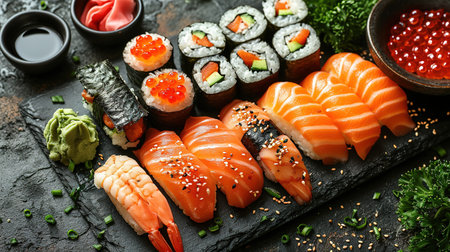 Assorted sushi nigiri and maki big set on slate. A variety of Japanese sushi with tuna, crab, salmon, eel and rolls. Top viewの素材