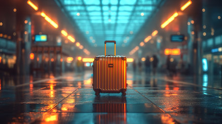 Traveler suitcase at the airport before departure. Travel, vacation, tourism, flights concept. Selected focusの素材